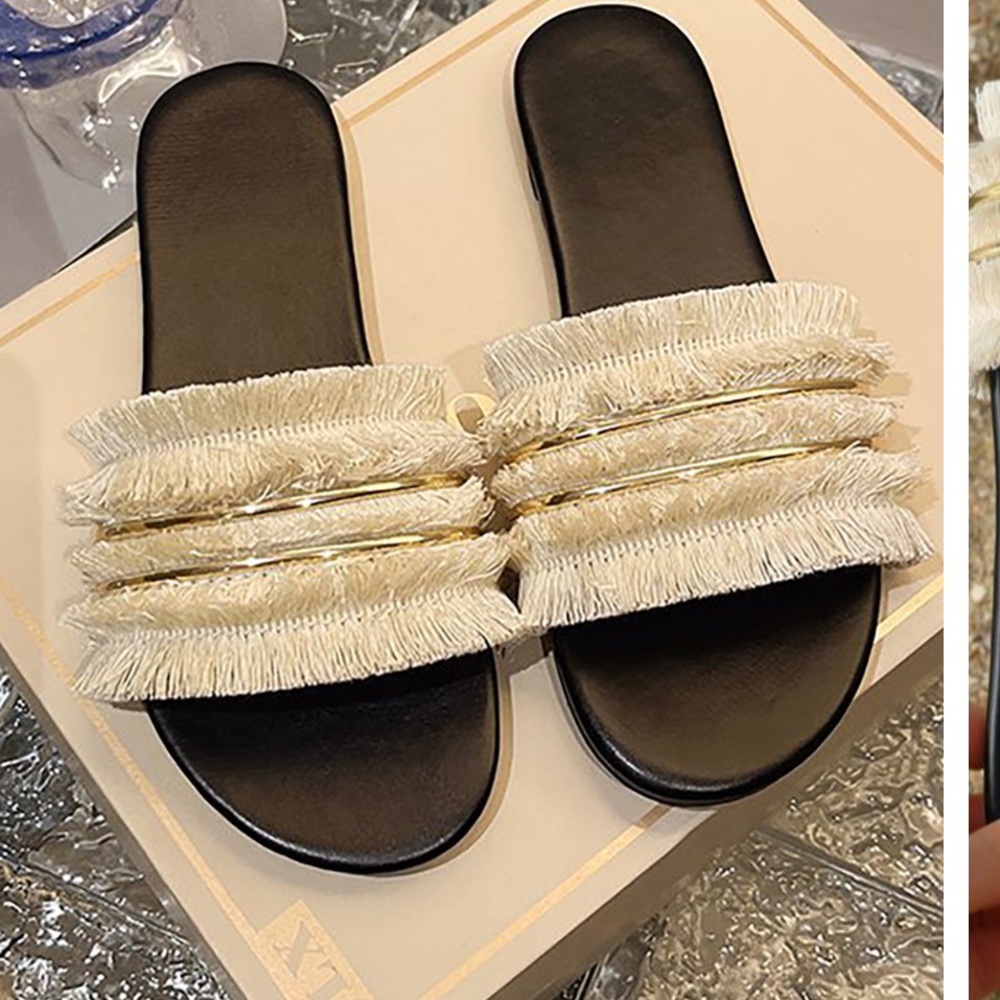 TASSEL SANDALS CREAM AND GOLD- black bottom 38 size (7.5) NEVER WORN NEW IN BOX - Picture 2 of 2